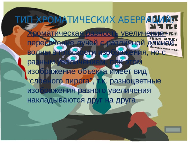 Тип хроматических аберраций: Хроматическая разность увеличения  - пересечение лучей с различной длиной волны в плоскости изображения, но с разным увеличением, при этом изображение объекта имеет вид “слоеного пирога”, т.к. разноцветные изображения разного увеличения накладываются друг на друга. 
