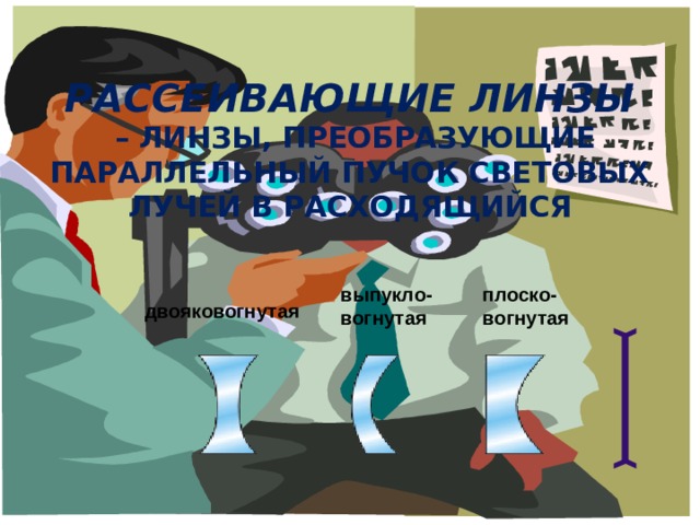 Рассеивающие линзы  – линзы, преобразующие параллельный пучок световых лучей в расходящийся выпукло-вогнутая плоско-вогнутая двояковогнутая 
