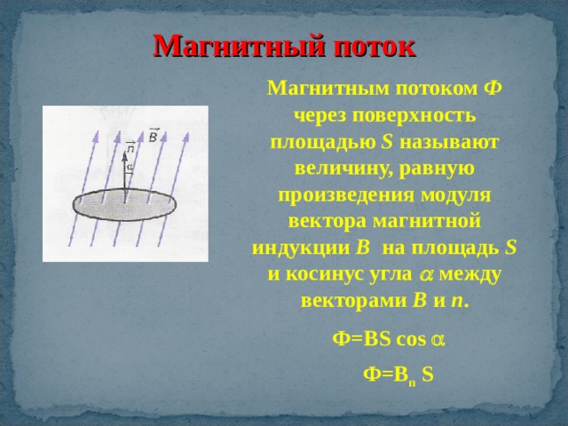 Магнитный поток Магнитным потоком Ф через поверхность площадью S называют величину, равную произведения модуля вектора магнитной индукции В на площадь S  и косинус угла  между векторами В и n . Ф=В S cos   Ф=В n S 