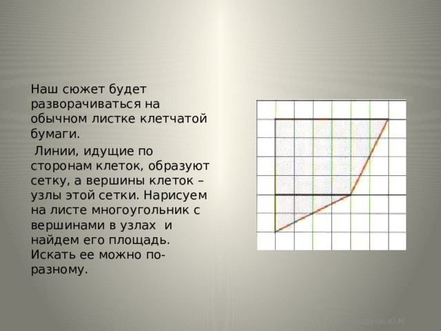 Наш сюжет будет разворачиваться на обычном листке клетчатой бумаги.  Линии, идущие по сторонам клеток, образуют сетку, а вершины клеток – узлы этой сетки. Нарисуем на листе многоугольник с вершинами в узлах и найдем его площадь. Искать ее можно по-разному. Спиридонов.Ю.М  Спиридонов.Ю.М 