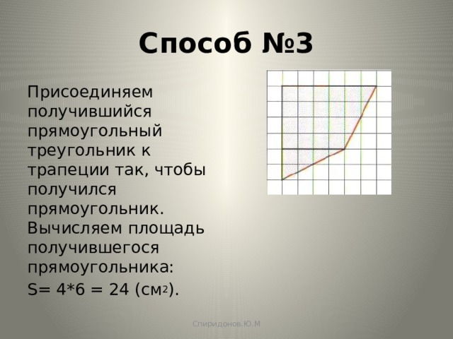 Способ №3 Присоединяем получившийся прямоугольный треугольник к трапеции так, чтобы получился прямоугольник. Вычисляем площадь получившегося прямоугольника: S= 4*6 = 24 (см 2 ). Спиридонов.Ю.М 