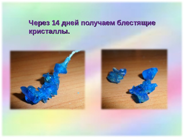 Через 14 дней получаем блестящие кристаллы. 