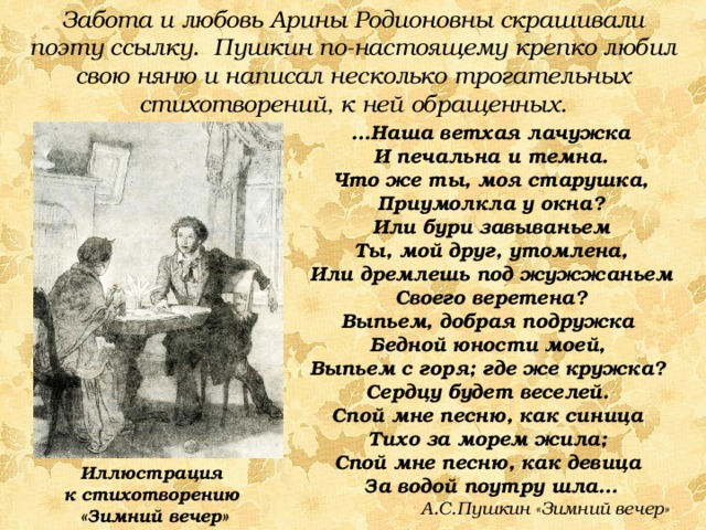 Забота и любовь Арины Родионовны скрашивали поэту ссылку. Пушкин по-настоящему крепко любил свою няню и написал несколько трогательных стихотворений, к ней обращенных. … Наша ветхая лачужка И печальна и темна. Что же ты, моя старушка, Приумолкла у окна? Или бури завываньем Ты, мой друг, утомлена, Или дремлешь под жужжаньем Своего веретена? Выпьем, добрая подружка Бедной юности моей, Выпьем с горя; где же кружка? Сердцу будет веселей. Спой мне песню, как синица Тихо за морем жила; Спой мне песню, как девица За водой поутру шла…  А.С.Пушкин «Зимний вечер» Иллюстрация к стихотворению «Зимний вечер» 
