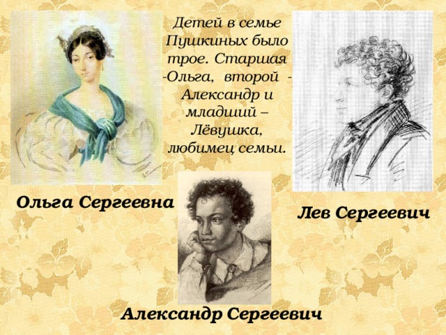 Детей в семье Пушкиных было трое. Старшая -Ольга, второй - Александр и младший – Лёвушка, любимец семьи. Ольга Сергеевна Лев  Сергеевич Александр  Сергеевич 