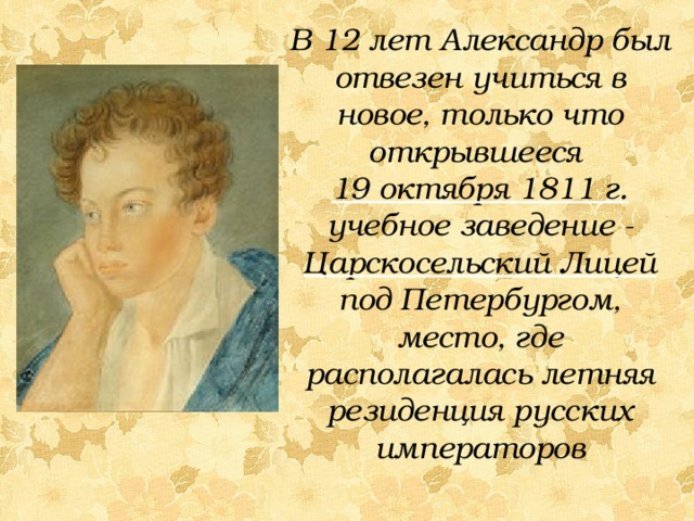В 12 лет Александр был отвезен учиться в новое, только что открывшееся 19 октября 1811 г. учебное заведение - Царскосельский Лицей под Петербургом, место, где располагалась летняя резиденция русских императоров 