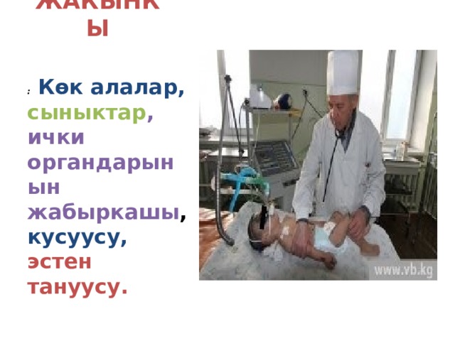 1: ЖАКЫНКЫ :   Көк алалар, сыныктар , ички органдарынын жабыркашы , кусуусу, эстен тануусу. 