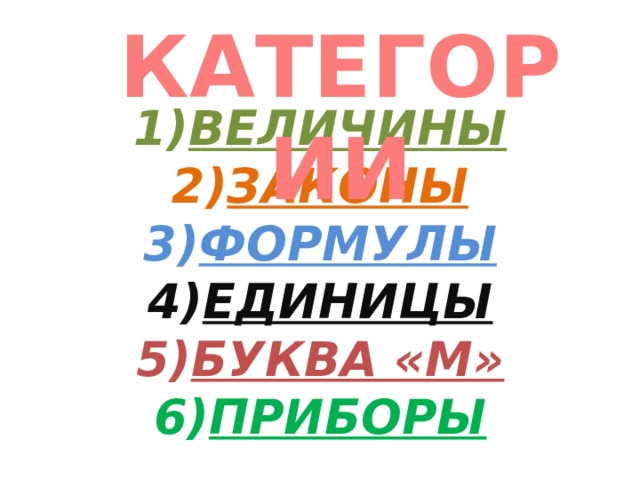 КАТЕГОРИИ 1) ВЕЛИЧИНЫ  2) ЗАКОНЫ  3) ФОРМУЛЫ  4) ЕДИНИЦЫ  5) БУКВА «М»  6) ПРИБОРЫ 