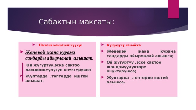  Сабактын максаты:  Негизги компетенттүүлүк Жөнөкөй жана курама сандарды айырмалай алышат. Күтүлүүчү натыйжа Жөнөкөй жана курама сандарды айырмалай алышса;  Ой жугуртүү ,эске сактоо жөндөмүүлүктөрү өнуктүрүшсө; Жуптарда ,топтордо иштей алышса.  Ой жүгүртүү,эске сактоо жөндөмдүүлугун өнүктүрүшөт  Жуптарда ,топтордо иштей алышат. 