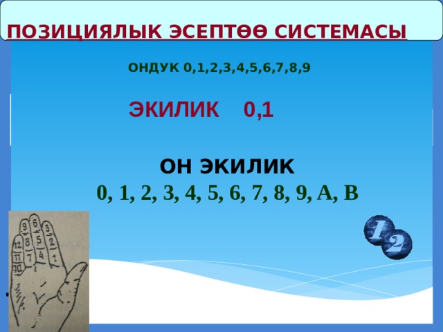 ПОЗИЦИЯЛЫК ЭСЕПТӨӨ СИСТЕМАСЫ  ОНДУК 0,1,2,3,4,5,6,7,8,9 ЭКИЛИК 0,1 ОН ЭКИЛИК 0, 1, 2, 3, 4, 5, 6, 7, 8, 9, A, B  Следует помнить и не забывать, что первый разряд числа является нулевым.  .   