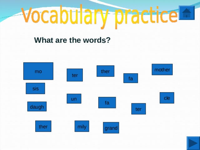 What are the words?  mo mother ther ter fa sis cle un fa daugh ter mily ther grand 