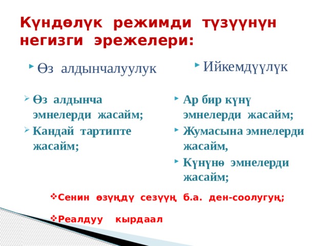 Күндөлүк режимди түзүүнүн негизги эрежелери: Ийкемдүүлүк Өз алдынчалуулук Өз алдынча эмнелерди жасайм; Кандай тартипте жасайм; Ар бир күнү эмнелерди жасайм; Жумасына эмнелерди жасайм, Күнүнө эмнелерди жасайм; Сенин өзүңдү сезүүң б.а. ден-соолугуң; Реалдуу кырдаал 