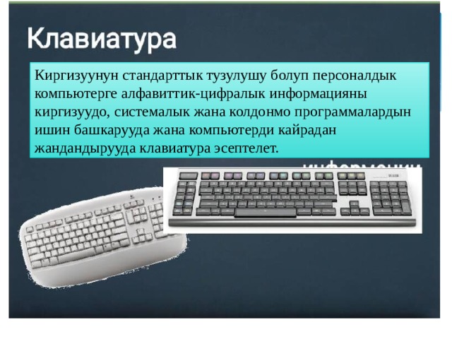 Киргизуунун стандарттык тузулушу болуп персоналдык компьютерге алфавиттик-цифралык информацияны киргизуудо, системалык жана колдонмо программалардын ишин башкарууда жана компьютерди кайрадан жандандырууда клавиатура эсептелет. 