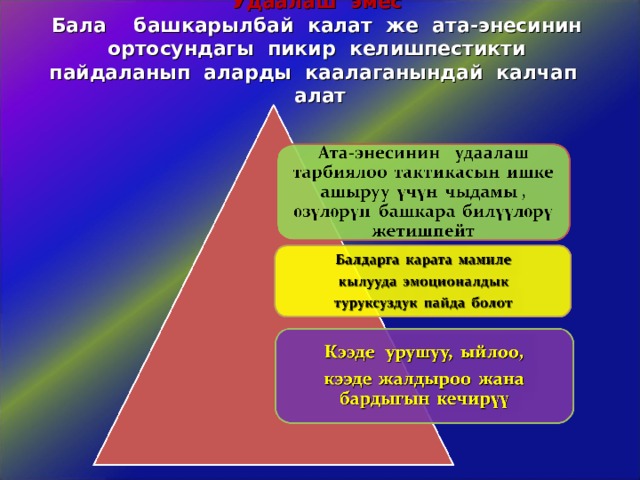 Удаалаш эмес   Бала башкарылбай калат же ата-энесинин ортосундагы пикир келишпестикти пайдаланып аларды каалаганындай калчап алат   