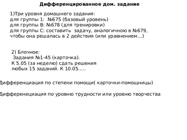 Дифференцированное дом. задание 1)Три уровня домашнего задания: для группы 1: №675 (базовый уровень) для группы В: №678 (для тренировки) для группы С: составить задачу, аналогичною в №679, чтобы она решалась в 2 действия (или уравнением…) 2) Блочное:  Задания №1-45 (карточка). К 5.05 (за неделю) сдать решения любых 15 заданий. К 10.05….. 3) Дифференциация по степени помощи( карточки-помощницы) 4) Дифференециация по уровню трудности или уровню творчества 