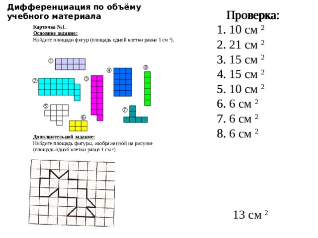 Дифференциация   по объёму учебного материала Проверка:  Проверка: 1. 10 см 2 1.  2. 2. 21 см 2 3. 3. 15 см 2 4. 15 см 2 4. 5. 10 см 2 5. 6. 6 см 2 6. 7. 7. 6 см 2 8. 8. 6 см 2  13 см 2 Карточка №1. Основное задание: Найдите площади фигур (площадь одной клетки равна 1 см 2 ). Дополнительной задание: Найдите площадь фигуры, изображенной на рисунке (площадь одной клетки равна 1 см 2 ) 