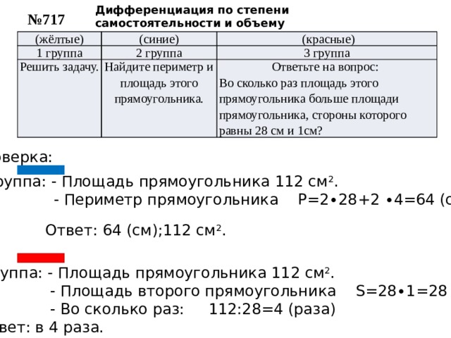 Дифференциация   по степени самостоятельности и объему № 717 (жёлтые) (синие) 1 группа  (красные) 2 группа Решить задачу. 3 группа Найдите периметр и площадь этого прямоугольника. Ответьте на вопрос: Во сколько раз площадь этого прямоугольника больше площади прямоугольника, стороны которого равны 28 см и 1см? Проверка: 2 группа: - Площадь прямоугольника 112 см 2 .  - Периметр прямоугольника Р=2∙28+2 ∙4=64 (см).  Ответ: 64 (см);112 см 2 . 3 группа: - Площадь прямоугольника 112 см 2 .  - Площадь второго прямоугольника S=28∙1=28 (см 2 ).  - Во сколько раз: 112:28=4 (раза)  Ответ: в 4 раза. 