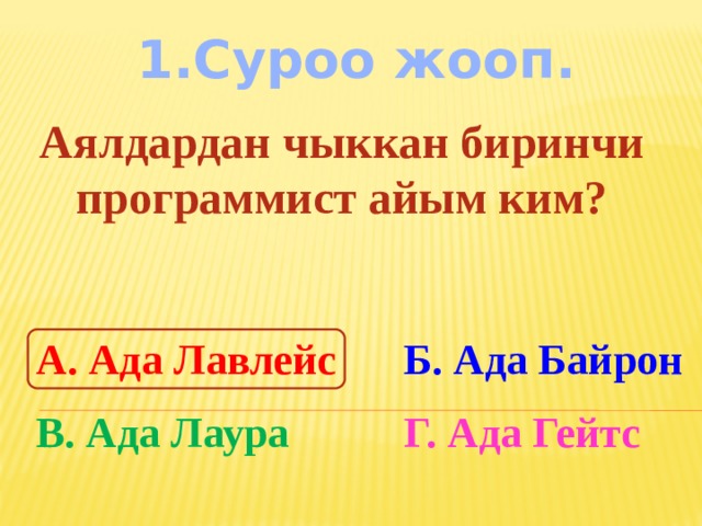 1.Суроо жооп. Аялдардан чыккан биринчи программист айым ким? А. Ада Лавлейс Б. Ада Байрон В. Ада Лаура Г. Ада Гейтс 