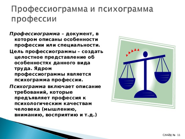 Профессиограмма – документ, в котором описаны особенности профессии или специальности. Цель профессиограммы – создать целостное представление об особенностях данного вида труда. Ядром профессиограммы является психограмма профессии. Психограмма включает описание требований, которые предъявляет профессия к психологическим качествам человека (мышлению, вниманию, восприятию и т.д.) 4 СЛАЙД № 4 
