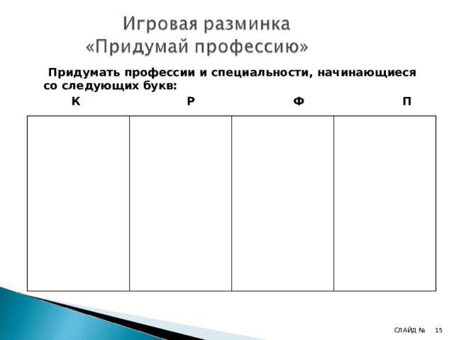  Придумать профессии и специальности, начинающиеся со следующих букв:  К Р Ф П   СЛАЙД №  