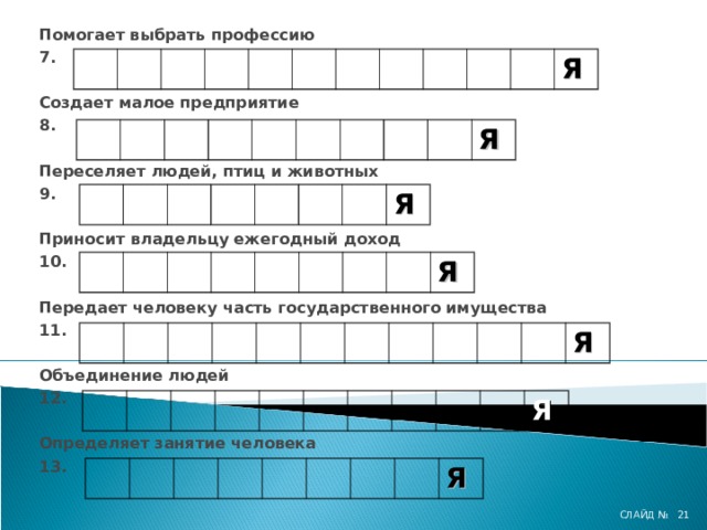 Помогает выбрать профессию 7.  Создает малое предприятие 8.  Переселяет людей, птиц и животных 9.  Приносит владельцу ежегодный доход 10.  Передает человеку часть государственного имущества 11.  Объединение людей 12.  Определяет занятие человека 13. Я Я Я Я Я Я Я СЛАЙД №   