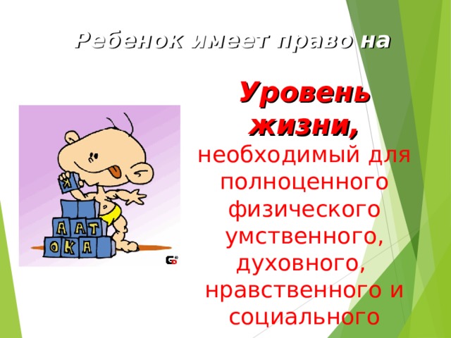  Ребенок имеет право на Уровень жизни, необходимый для полноценного физического умственного, духовного, нравственного и социального развития 