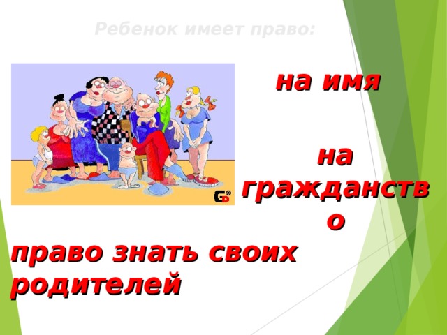  Ребенок имеет право: на имя на гражданство право знать своих  родителей 