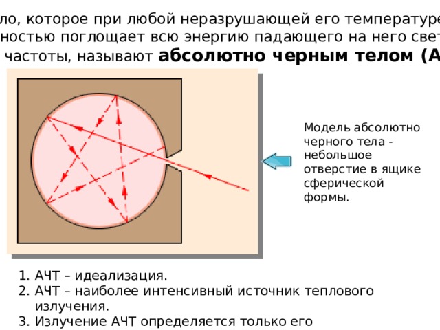 Тело, которое при любой неразрушающей его температуре полностью поглощает всю энергию падающего на него света любой частоты, называют абсолютно черным телом (АЧТ). Модель абсолютно черного тела - небольшое отверстие в ящике сферической формы. АЧТ – идеализация. АЧТ – наиболее интенсивный источник теплового излучения. Излучение АЧТ определяется только его температурой . 