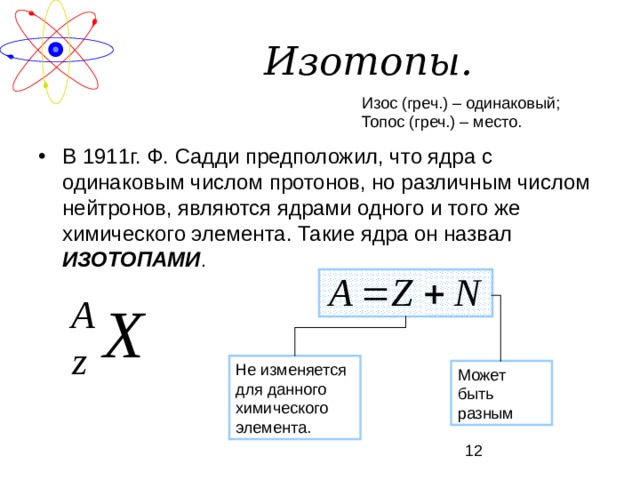 Изотопы. Изос (греч.) – одинаковый; Топос (греч.) – место. В 1911г. Ф. Садди предположил, что ядра с одинаковым числом протонов, но различным числом нейтронов, являются ядрами одного и того же химического элемента. Такие ядра он назвал ИЗОТОПАМИ .  