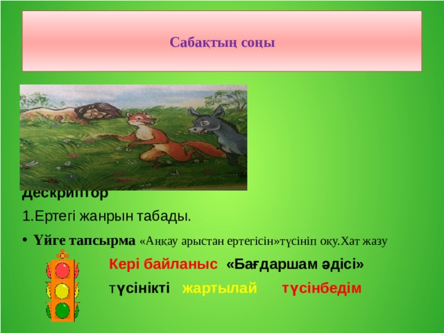 Сабақтың соңы Дескриптор 1.Ертегі жанрын табады. Үйге тапсырма «Аңқау арыстан ертегісін»түсініп оқу.Хат жазу  Кері байланыс «Бағдаршам әдісі»  т үсінікті жартылай  түсінбедім 