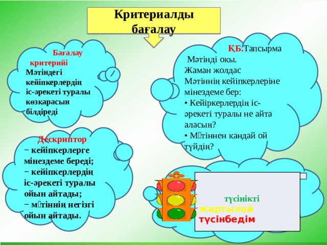 Критериалды бағалау   ҚБ. Тапсырма  Мәтінді оқы. Жаман жолдас Мәтіннің кейіпкерлеріне мінездеме бер: • Кейіркерлердің іс- әрекеті туралы не айта аласың? • Мəтіннен қандай ой түйдің?  Бағалау критерийі Мәтіндегі кейіпкерлердің іс-әрекеті туралы көзқарасын білдіреді  Дескриптор − кейіпкерлерге мінездеме береді; − кейіпкерлердің іс-әрекеті туралы ойын айтады; − мəтіннің негізгі ойын айтады.      түсінікті жартылай  түсінбедім  Кері байланыс «Бағдаршам әдісі» 