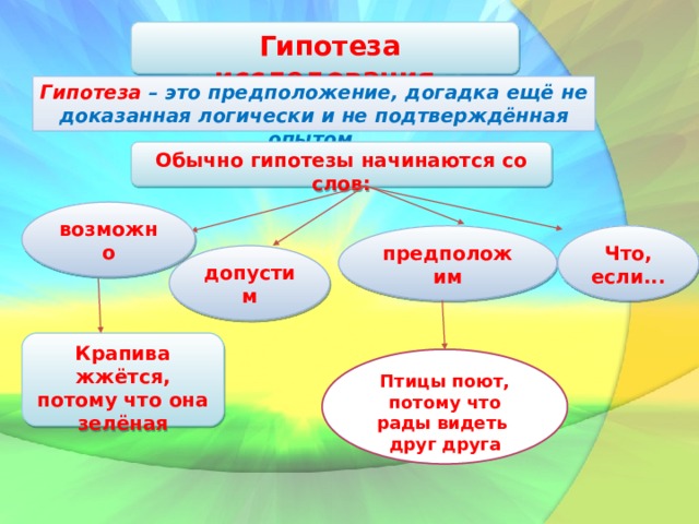  Гипотеза исследования Гипотеза – это предположение, догадка ещё не доказанная логически и не подтверждённая опытом. Обычно гипотезы начинаются со слов: возможно предположим Что, если... допустим Крапива жжётся, потому что она зелёная Птицы поют, потому что рады видеть друг друга 