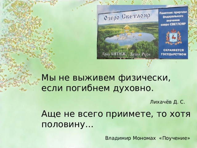 Мы не выживем физически, если погибнем духовно. Лихачёв Д. С. Аще не всего приимете, то хотя половину… Владимир Мономах «Поучение» 
