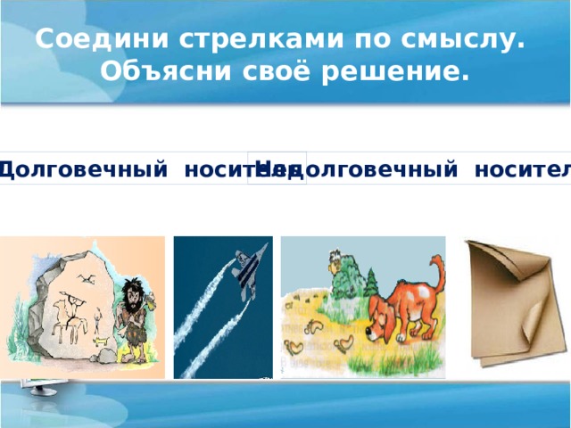 Соедини стрелками по смыслу.  Объясни своё решение. Долговечный носитель Недолговечный носитель