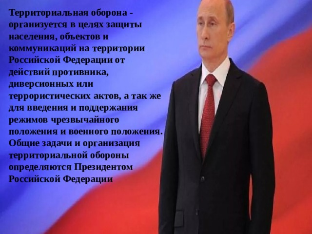 Территориальная оборона - организуется в целях защиты населения, объектов и коммуникаций на территории Российской Федерации от действий противника, диверсионных или террористических актов, а так же для введения и поддержания режимов чрезвычайного положения и военного положения. Общие задачи и организация территориальной обороны определяются Президентом Российской Федерации 