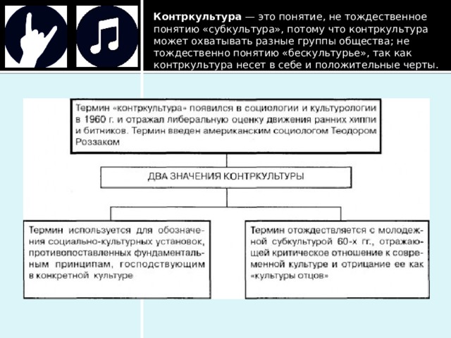 Контркультура  — это понятие, не тождественное понятию «субкультура», потому что контркультура может охватывать разные группы общества; не тождественно понятию «бескультурье», так как контркультура несет в себе и положительные черты. 