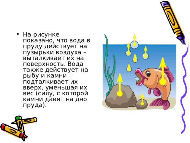 На рисунке показано, что вода в пруду действует на пузырьки воздуха – выталкивает их на поверхность. Вода также действует на рыбу и камни – подталкивает их вверх, уменьшая их вес (силу, с которой камни давят на дно пруда). 