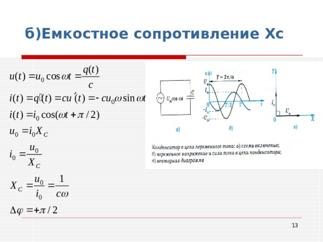 б)Емкостное сопротивление Хс  