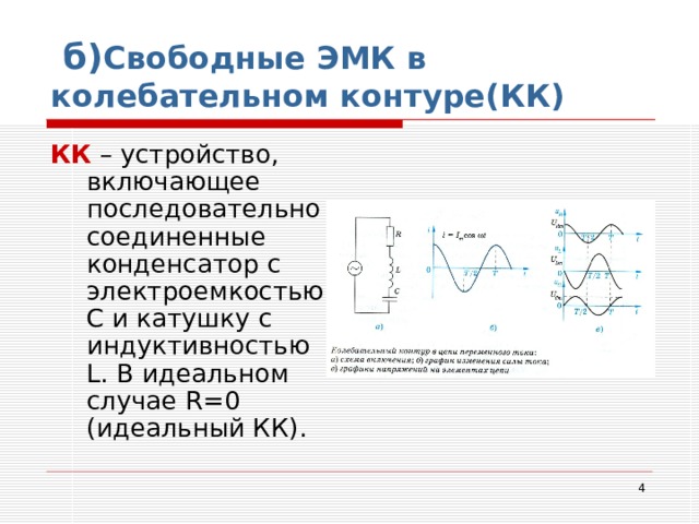  б) Свободные ЭМК в колебательном контуре(КК) КК – устройство, включающее последовательно соединенные конденсатор c электроемкостью С и катушку c индуктивностью L . В идеальном случае R =0  (идеальный КК).  