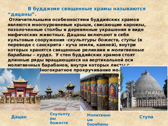  В буддизме священные храмы называются “дацаны”.  Отличительными особенностями буддийских храмов являются многоуровневые крыши, свисающие карнизы, позолоченные столбы и деревянные украшения в виде мифических животных. Дацаны включают в себя культовые сооружения - скульптуры божеств, ступы (в переводе с санскрита - куча земли, камней), внутри которых хранятся священные реликвии и молитвенные барабаны – хурдэ.   У стен буддийских храмов стоят длинные ряды вращающихся на вертикальной оси молитвенных барабанов, внутри которых листы с молитвами. Многократное прокручивание молитвенных барабанов молящимися заменяет чтение ими молитвы: сколько раз прокрутили барабан, столько раз буддист “прочитал” молитву. Крутить барабан можно только правой рукой, поскольку левая рука считается нечистой. Скульптуры божеств Молитвенные барабаны Дацан Ступа 