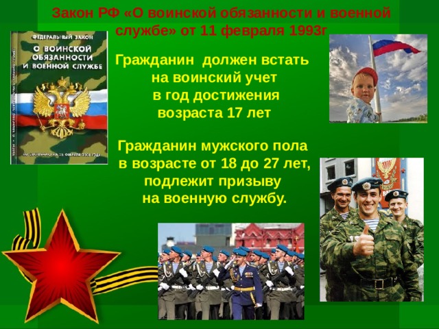 Закон РФ «О воинской обязанности и военной службе» от 11 февраля 1993г Гражданин должен встать на воинский учет  в год достижения возраста 17 лет Гражданин мужского пола  в возрасте от 18 до 27 лет, подлежит призыву  на военную службу. 