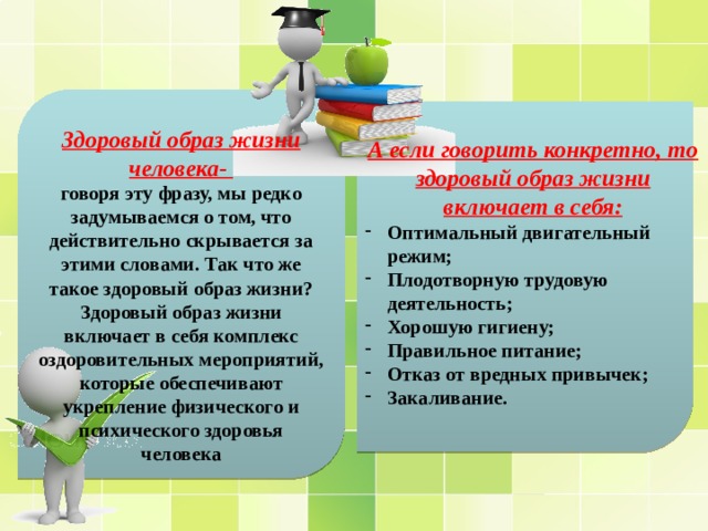  А если говорить конкретно, то здоровый образ жизни включает в себя: Оптимальный двигательный режим; Плодотворную трудовую деятельность; Хорошую гигиену; Правильное питание; Отказ от вредных привычек; Закаливание. Здоровый образ жизни человека- говоря эту фразу, мы редко задумываемся о том, что действительно скрывается за этими словами. Так что же такое здоровый образ жизни? Здоровый образ жизни включает в себя комплекс оздоровительных мероприятий, которые обеспечивают укрепление физического и психического здоровья человека 
