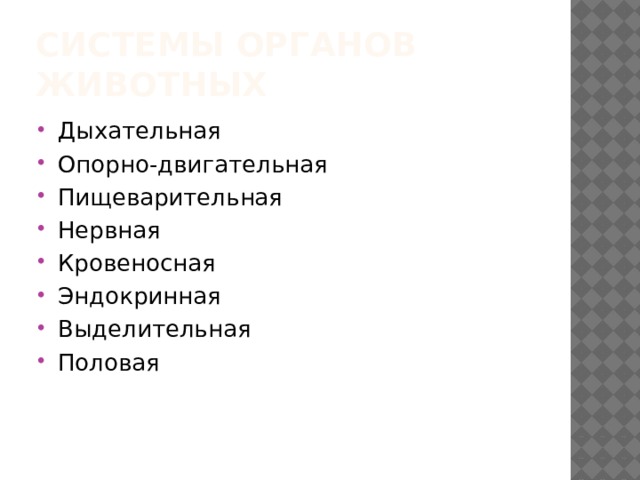 Системы органов животных Дыхательная Опорно-двигательная Пищеварительная Нервная Кровеносная Эндокринная Выделительная Половая 