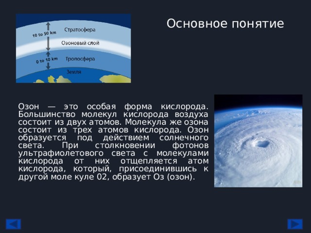     Основное понятие Озон — это особая форма кислорода. Большинство молекул кислорода воздуха состоит из двух атомов. Молекула же озона состоит из трех атомов кислорода. Озон образуется под действием солнечного света. При столкновении фотонов ультрафиолетового света с молекулами кислорода от них отщепляется атом кислорода, который, присоединившись к другой моле куле 02, образует Оз (озон). 