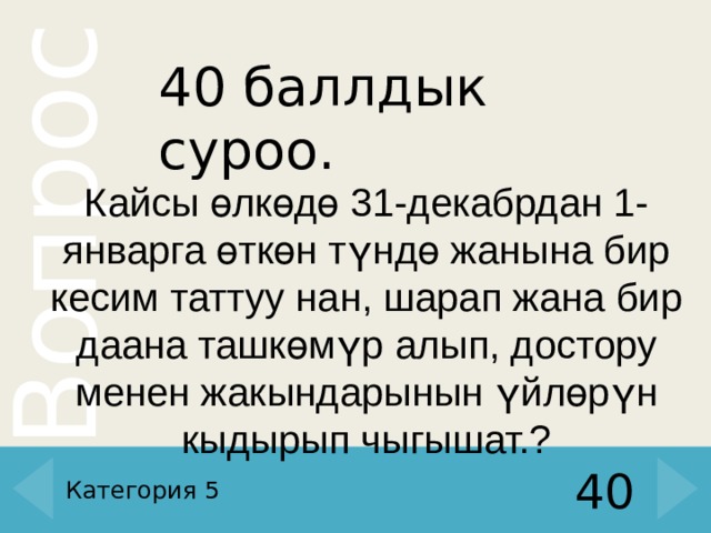40 баллдык суроо. Кайсы өлкөдө 31-декабрдан 1-январга өткөн түндө жанына бир кесим таттуу нан, шарап жана бир даана ташкөмүр алып, достору менен жакындарынын үйлөрүн кыдырып чыгышат.? Категория 5 40 