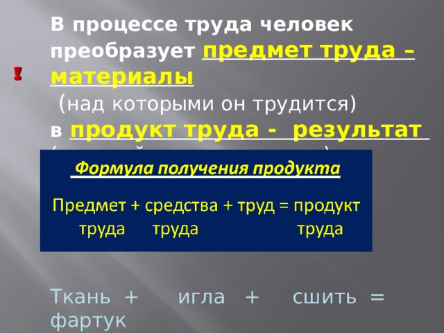 В процессе труда человек преобразует предмет труда – материалы  ( над которыми он трудится) в продукт труда - результат (который нужно получить) Ткань + игла + сшить = фартук Нитки машинка  как ?  ножницы 