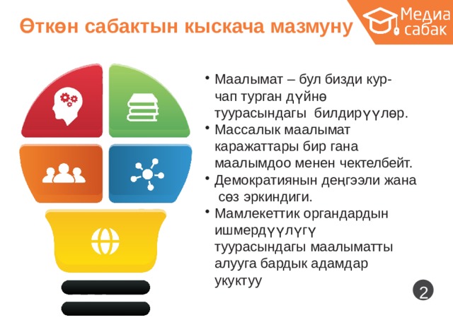 Өткөн сабактын кыскача  мазмуну Маалымат – бул бизди  кур- чап турган дүйнө  туурасындагы билдирүүлөр. Массалык маалымат каражаттары бир гана маалымдоо менен чектелбейт. Демократиянын деңгээли  жана сөз  эркиндиги. Мамлекеттик органдардын ишмердүүлүгү туурасындагы  маалыматты алууга бардык адамдар  укуктуу  