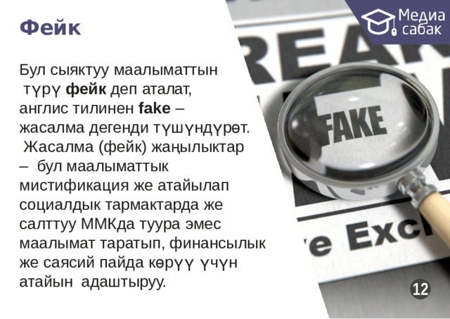 Фейк Бул сыяктуу маалыматтын түрү фейк деп аталат, англис тилинен fake  – жасалма дегенди түшүндүрөт. Жасалма (фейк) жаңылыктар  – бул маалыматтык мистификация же атайылап социалдык тармактарда же салттуу ММКда туура  эмес маалымат таратып, финансылык же саясий пайда көрүү үчүн  атайын адаштыруу. 12 