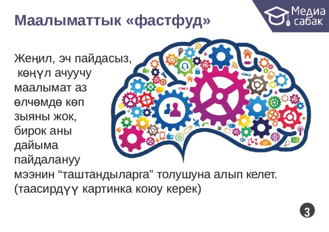 Маалыматтык  «фастфуд» Жеңил, эч  пайдасыз, көңүл ачуучу маалымат аз өлчөмдө  көп зыяны жок, бирок аны дайыма пайдалануу мээнин “таштандыларга” толушуна алып  келет. (таасирдүү картинка коюу  керек)  