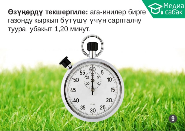 Өзүңөрдү текшергиле: ага-инилер бирге газонду кыркып бүтүшү үчүн сарпталчу туура убакыт 1,20  минут. 9 