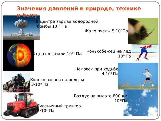 Значения давлений в природе, технике и быту В центре взрыва водородной  бомбы 10 14 Па Жало пчелы 5·10 7 Па Конькобежец на лед 10 6 Па В центре земли 10 13 Па Человек при ходьбе 4·10 5 Па Колесо вагона на рельсы  3·10 9 Па Воздух на высоте 800 км 10 -8 Па Гусеничный трактор 5·10 4 Па 